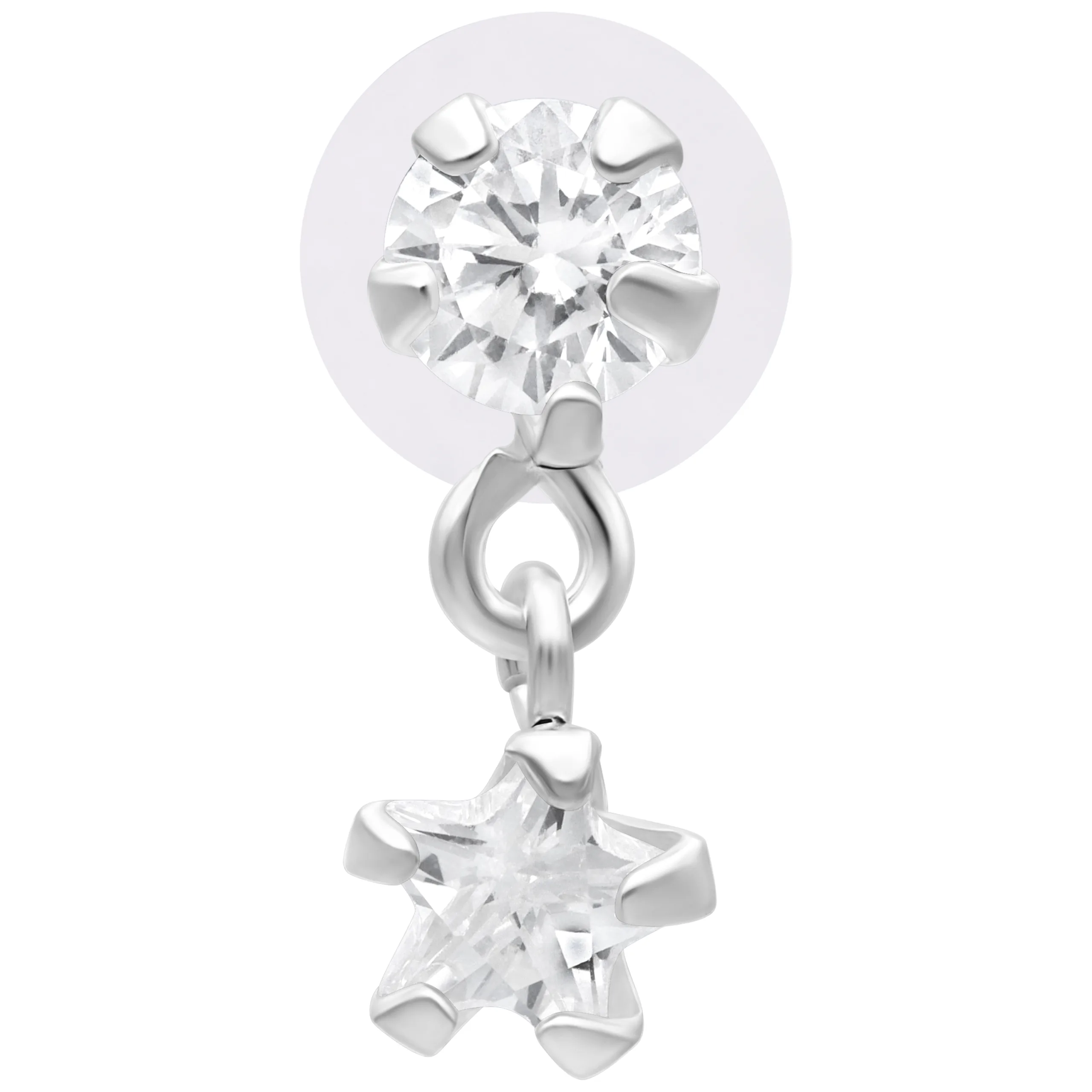Kristallstern Labret mit Push Fit Silbernes Labret mit klarem Kristall und Sternanhänger auf weißem Hintergrund