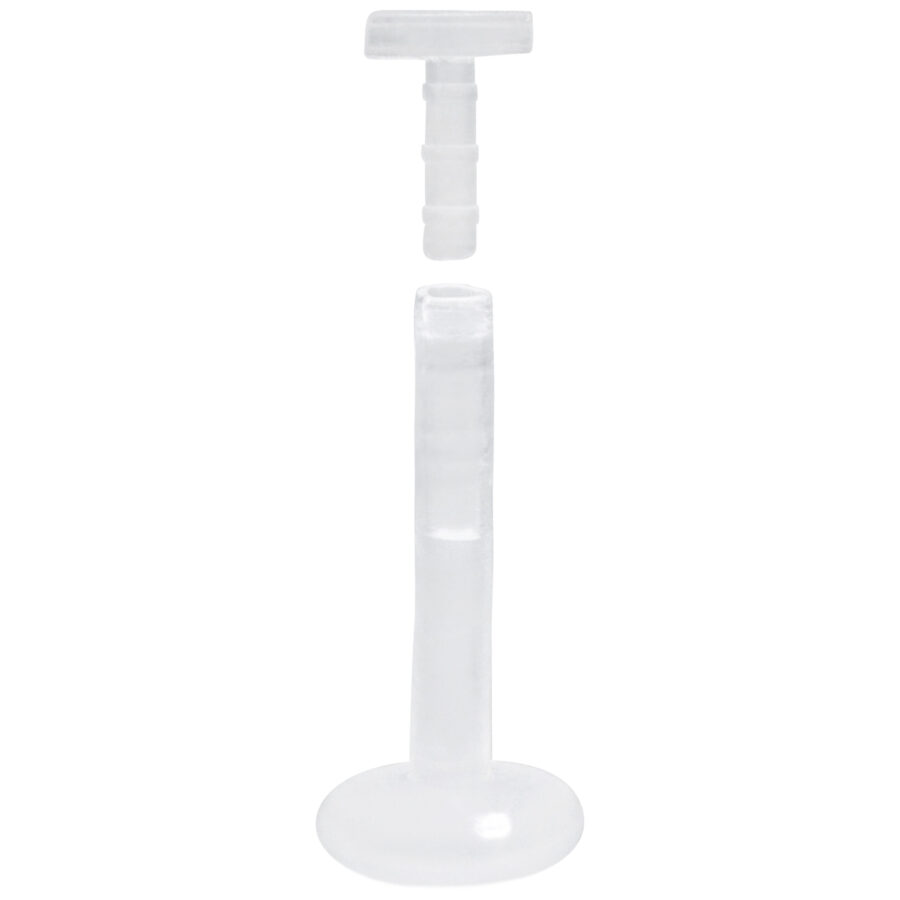 Transparenter Labret Stab aus Bioplast mit Push-Fit Gewinde auf weißem Hintergrund