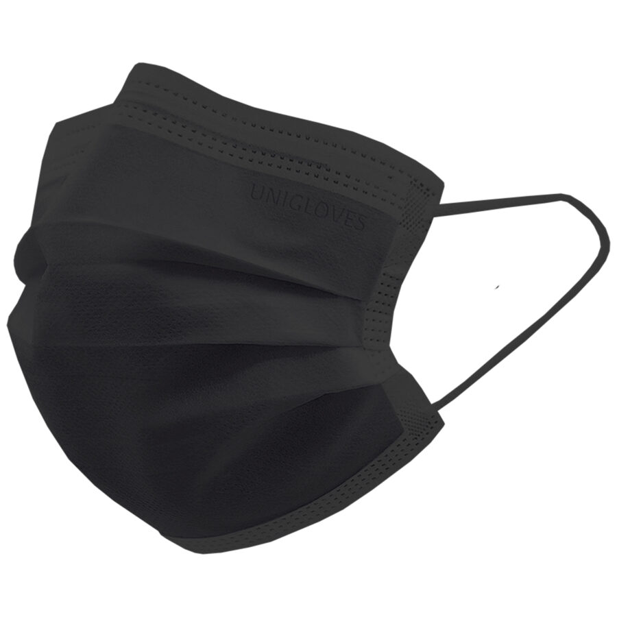 Schwarze Unigloves OP-Maske aus Fleece auf neutralem Hintergrund