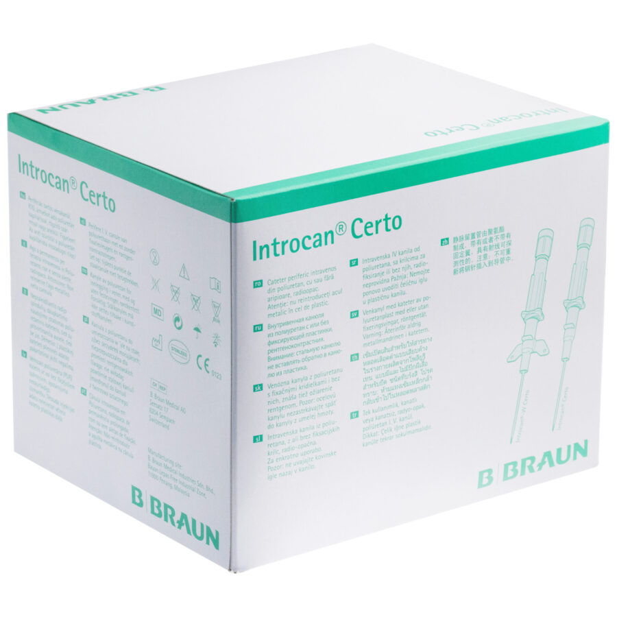 Weiße Verpackung mit grünen Akzenten der Marke B Braun für Introcan Piercingnadeln