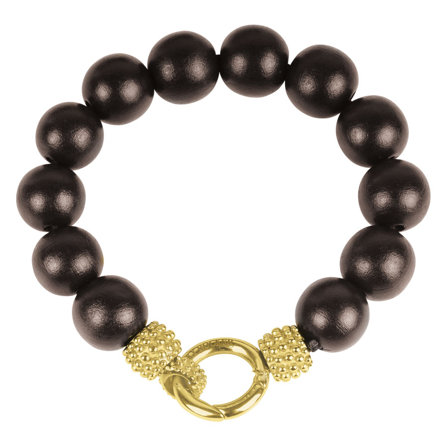 Gold-Ebenholz-Armband 'Little Mick' Unisex Armband mit schwarzen Ebenholzperlen und goldenen Details auf weißem Hintergrund