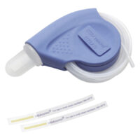 MELAcontrol Praxis-Set für Sterilisation Blaues MELAcontrol Praxis-Set mit Schlauch und Indikatorstreifen auf weißem Hintergrund
