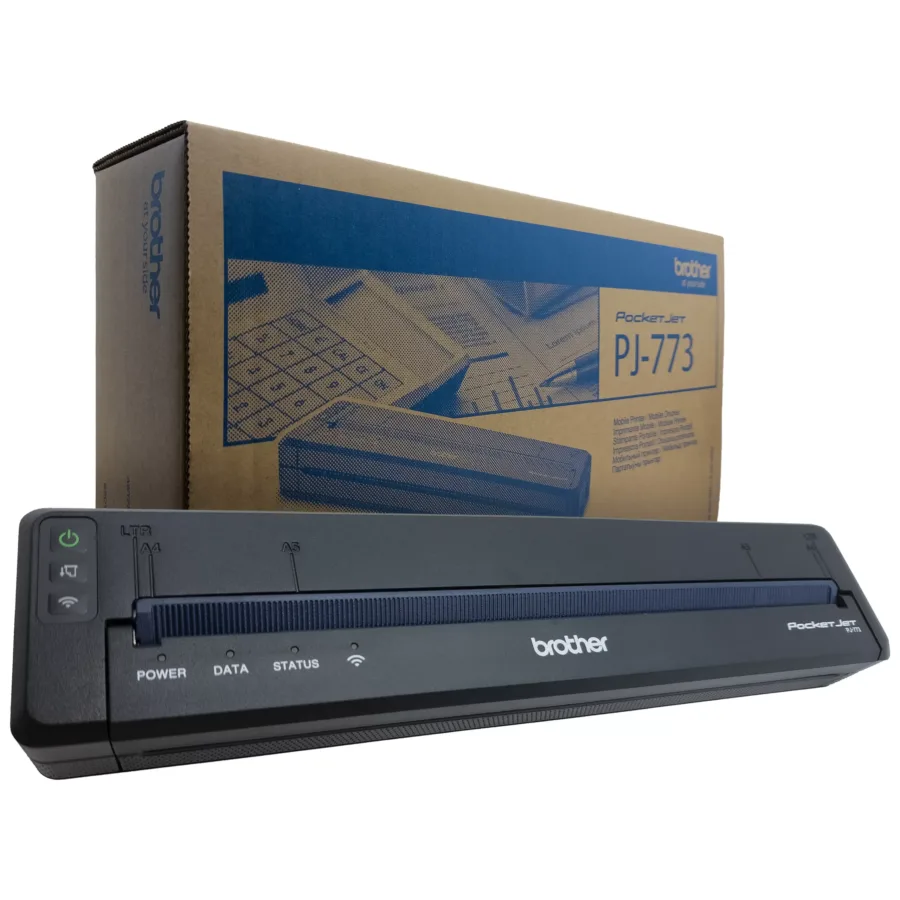 Schwarzer mobiler A4 Thermodrucker mit Kartonverpackung im Hintergrund