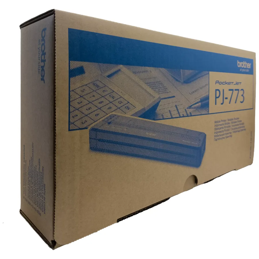 Braune Verpackung mit A4 Thermodrucker Abbildung und blauer Grafik