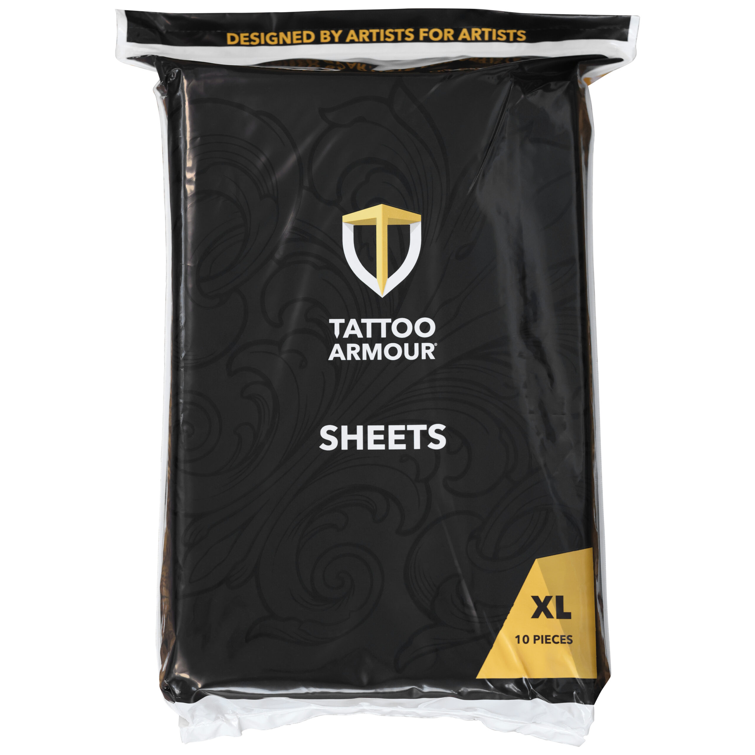 Schwarze Verpackung mit goldenen und weißen Details, Tattoo Armour Logo und XL Größe
