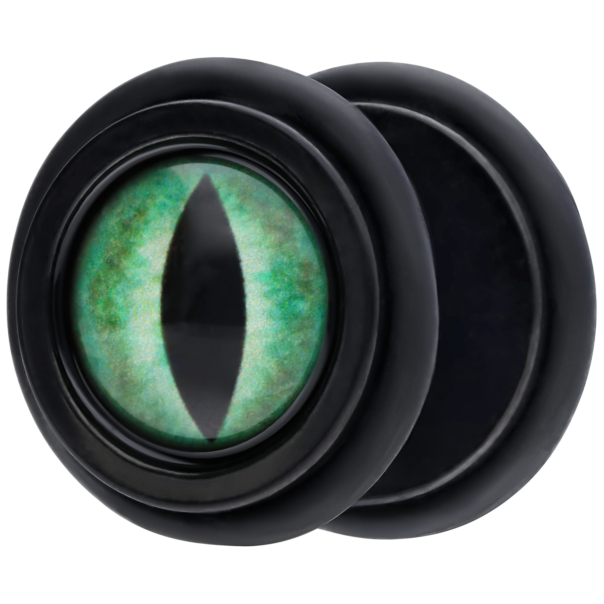 Verena Venus Fake Plug mit Katzenaugen-Design Schwarzer Fake Plug mit grünem Katzenaugen-Muster auf weißem Hintergrund