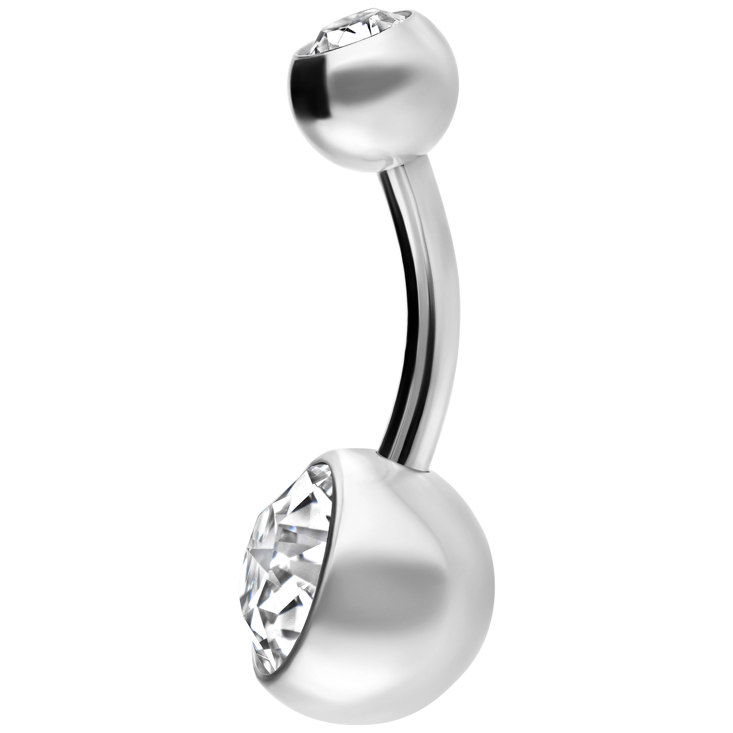 Silbernes Titan Bauchnabelpiercing mit Kristallen Silbernes Bauchnabelpiercing aus Titan mit zwei klaren Kristallen auf weißem Hintergrund