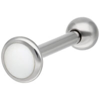 Silbernes Titan Labret mit Außengewinde Silbernes Titan-Labret mit glatter Oberfläche auf weißem Hintergrund