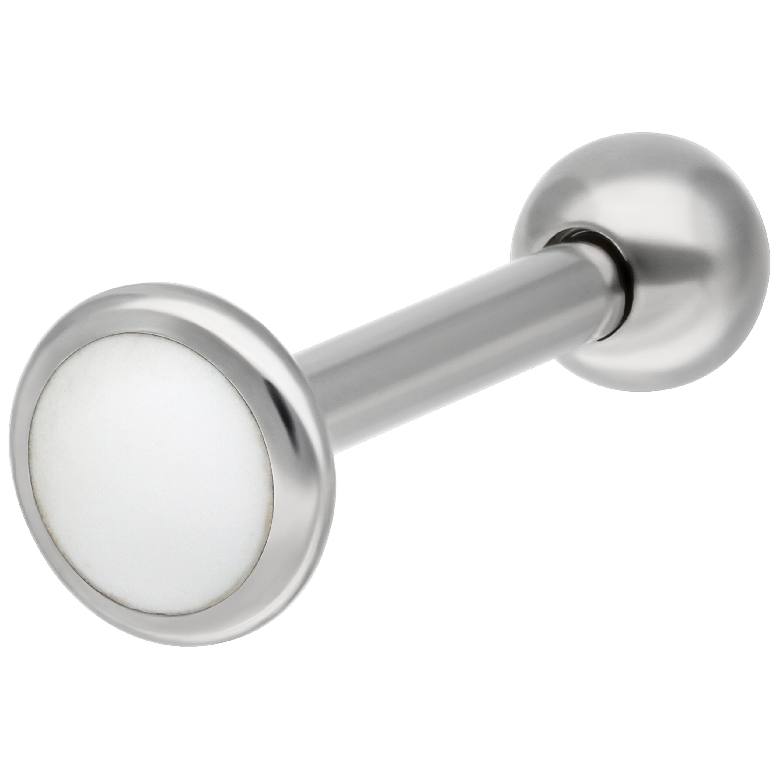 Silbernes Titan Labret mit Außengewinde Silbernes Titan-Labret mit glatter Oberfläche auf weißem Hintergrund