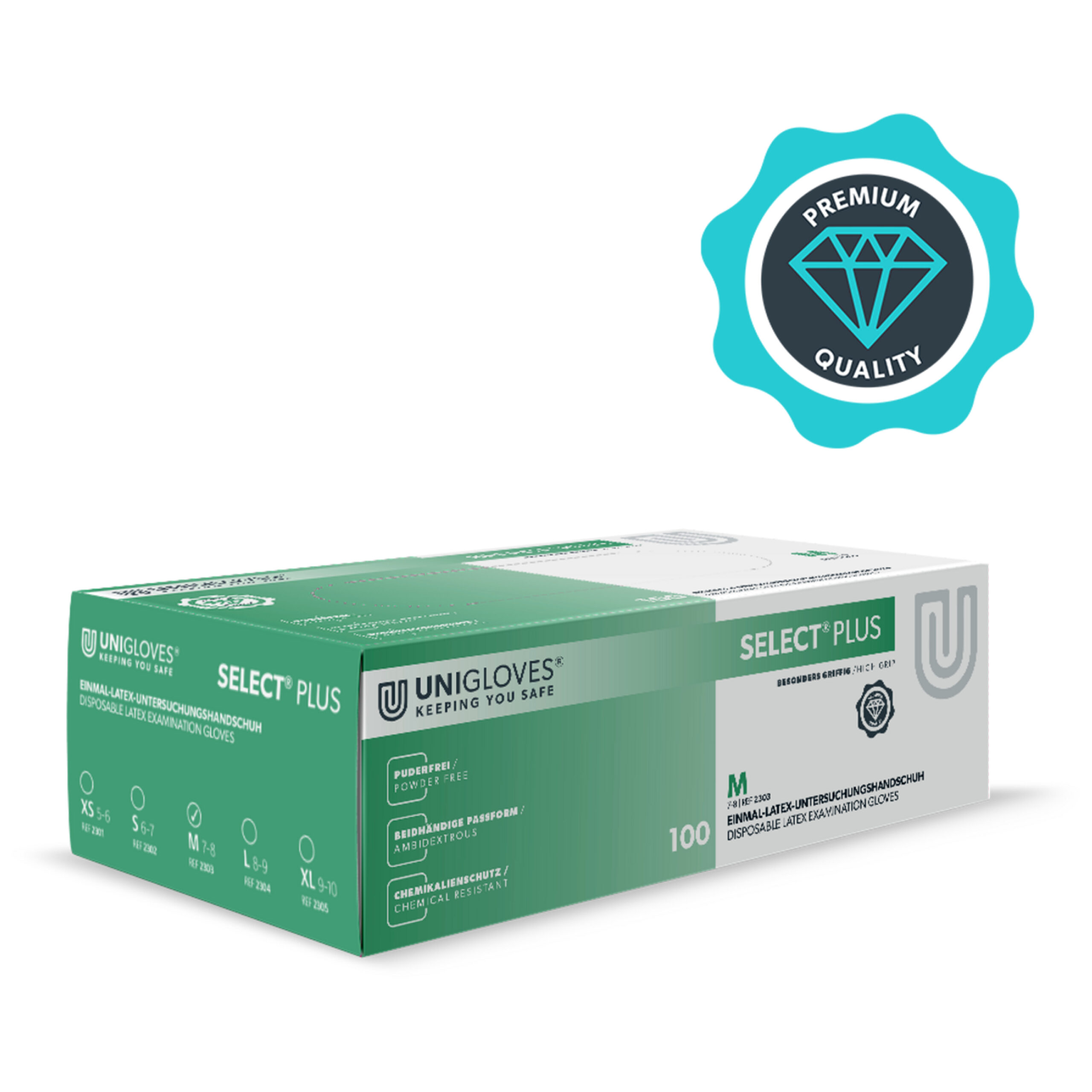 Weiße Unigloves Select Plus Handschuhe M Verpackung der weißen Unigloves Select Plus Handschuhe in Größe M auf weißem Hintergrund