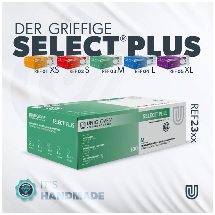 Unigloves Select Plus Handschuhe in weißer Box, Größe M, studio Hintergrund