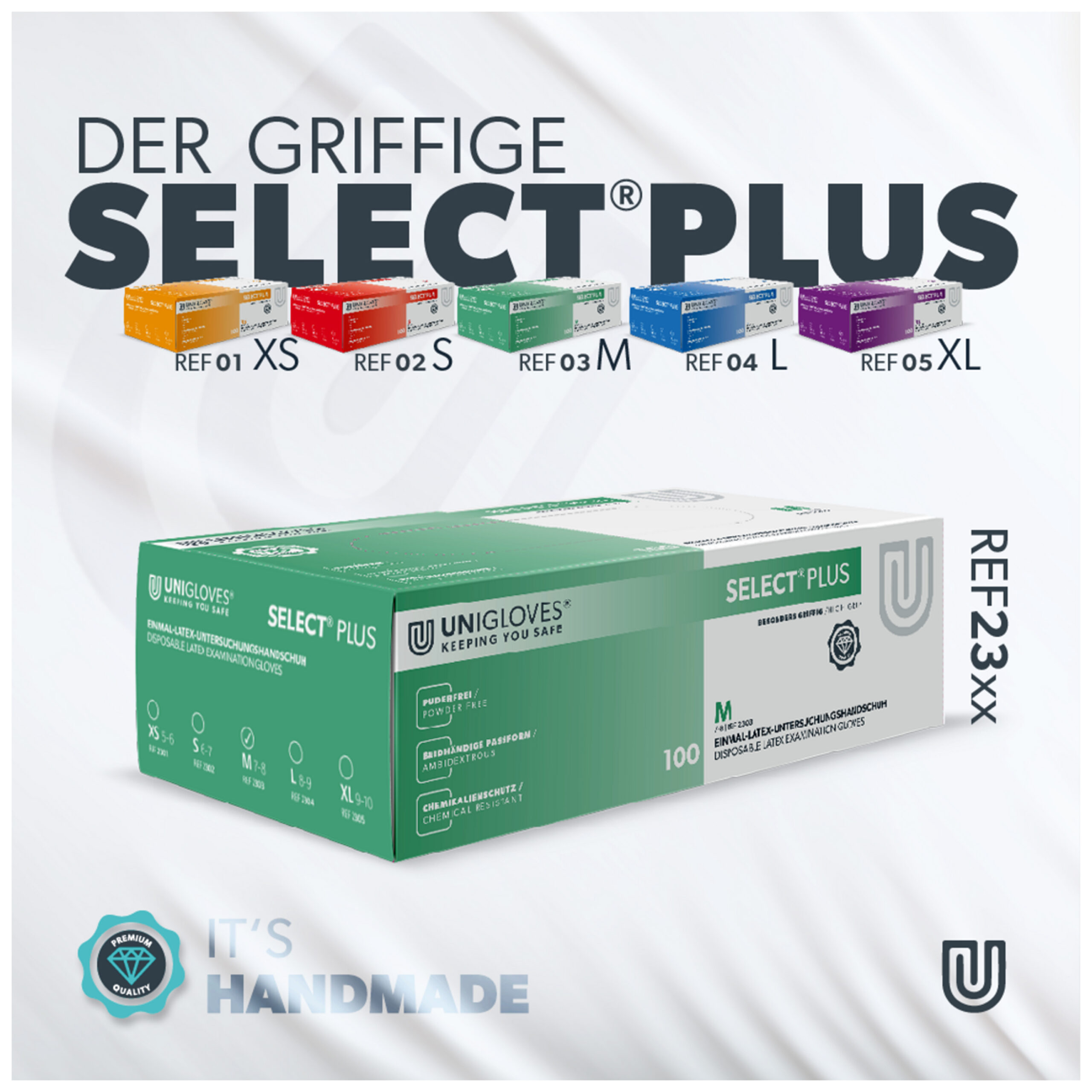Weiße Unigloves Select Plus Handschuhe Box Unigloves Select Plus Handschuhe in weißer Box, Größe M, studio Hintergrund