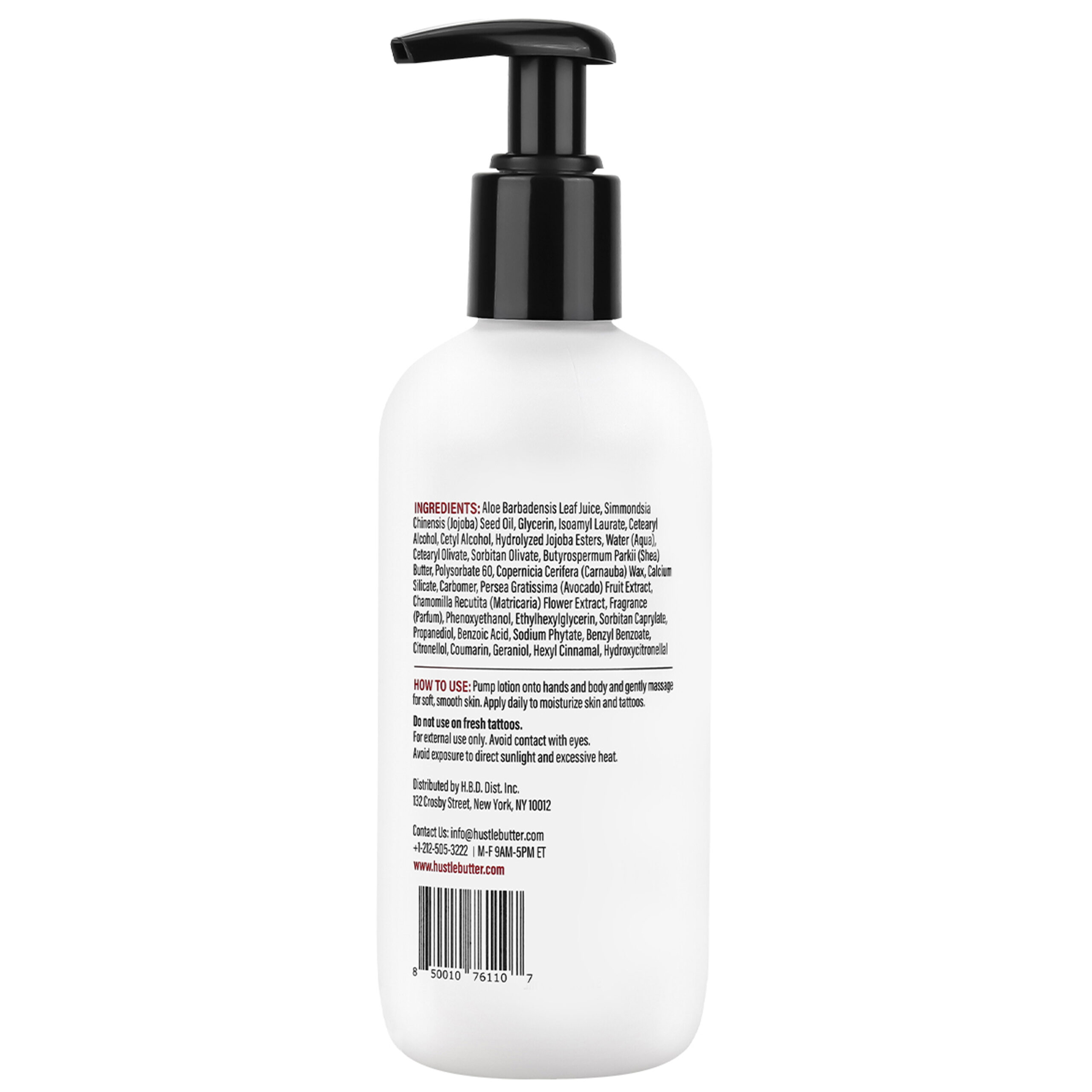 Weiße Hustle Butter Lotion Flasche mit schwarzem Pumpspender auf weißem Hintergrund