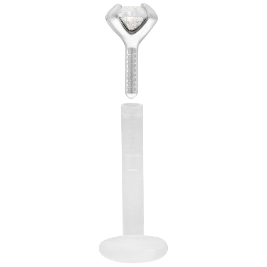 Kristallklarer Micro Labret aus Bioplast mit Push Fit auf weißem Hintergrund