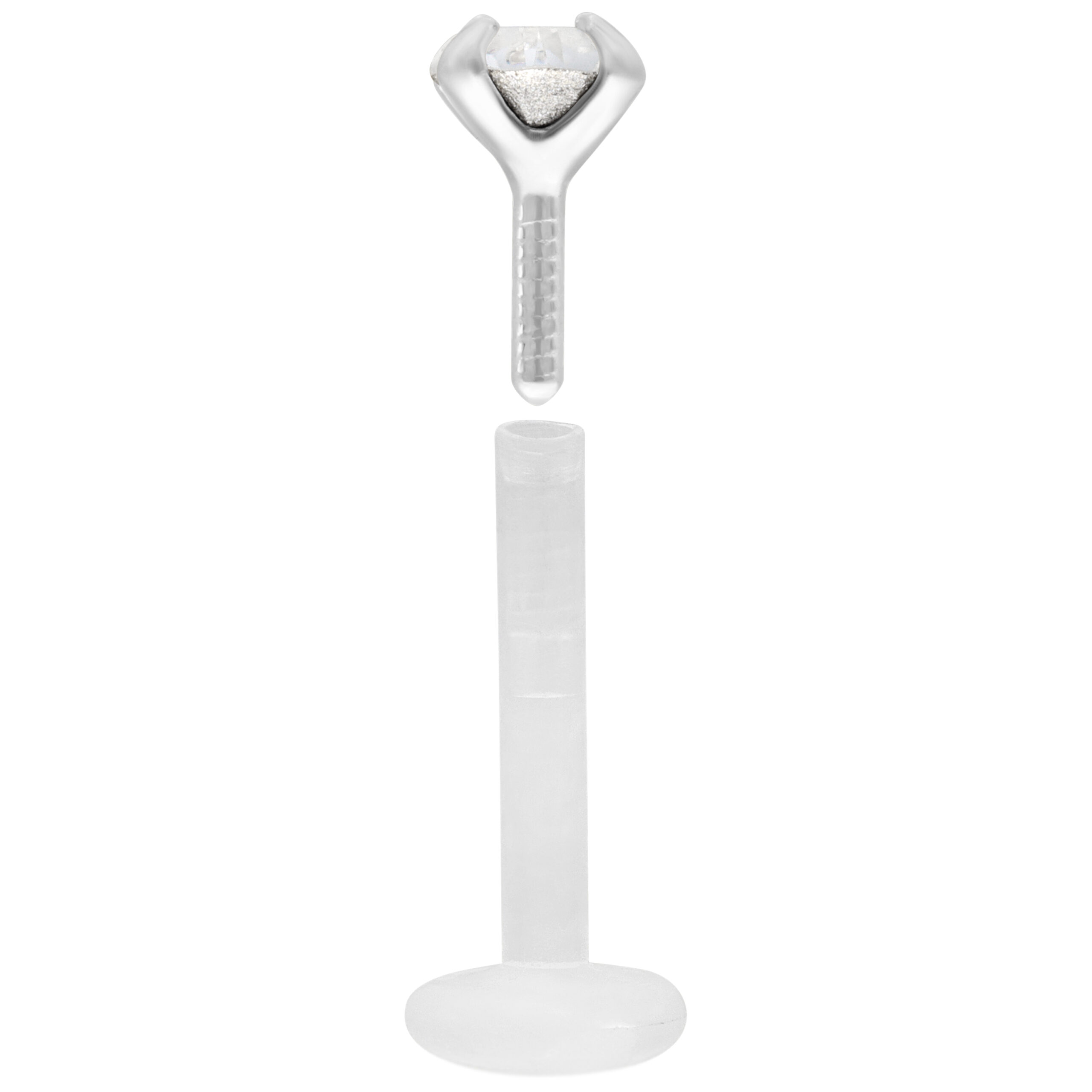 Kristallklarer Micro Labret aus Bioplast mit Push Fit auf weißem Hintergrund