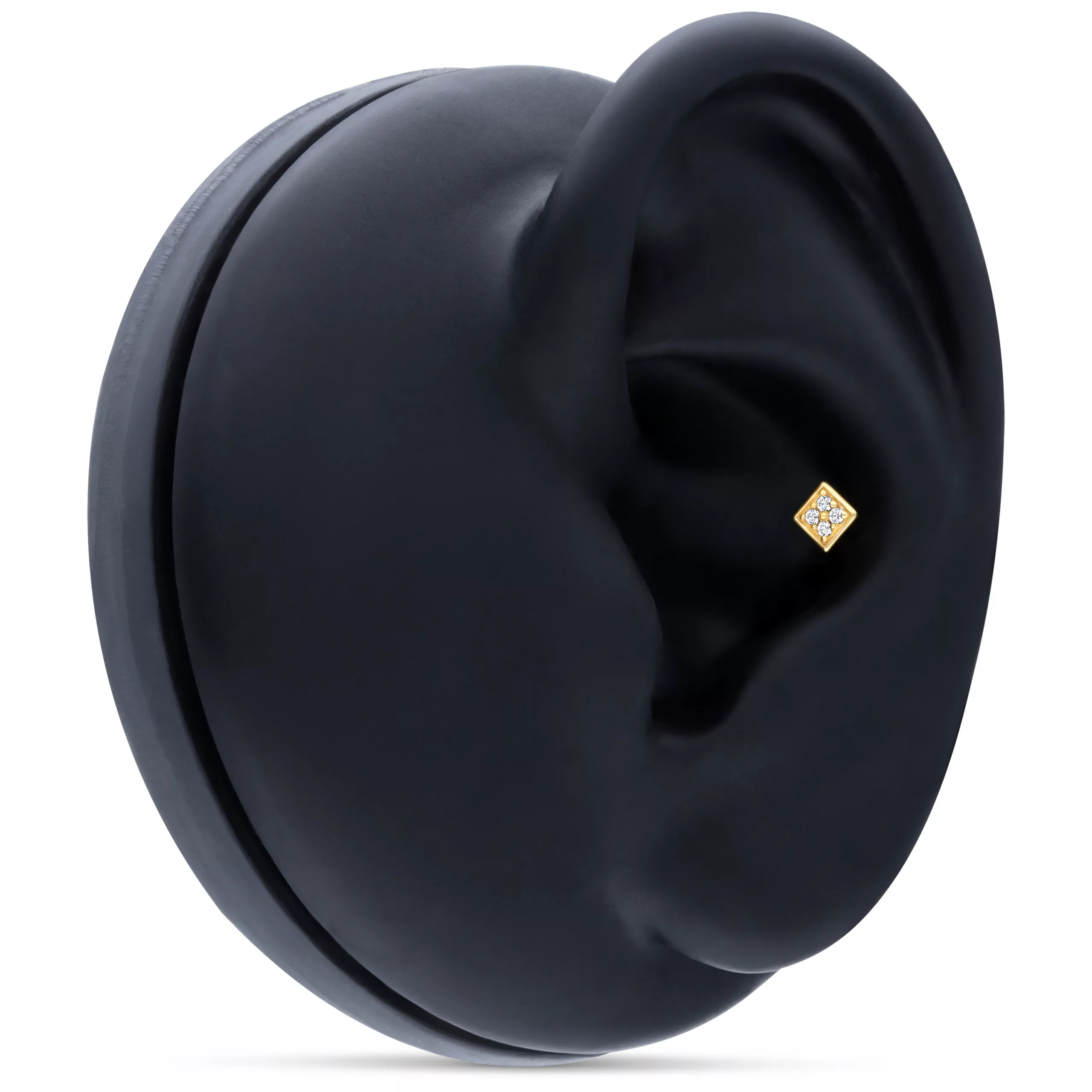 14K Gold Aufsatz im Ohrdisplay Goldener quadratischer Piercingaufsatz im schwarzen Ohrdisplay