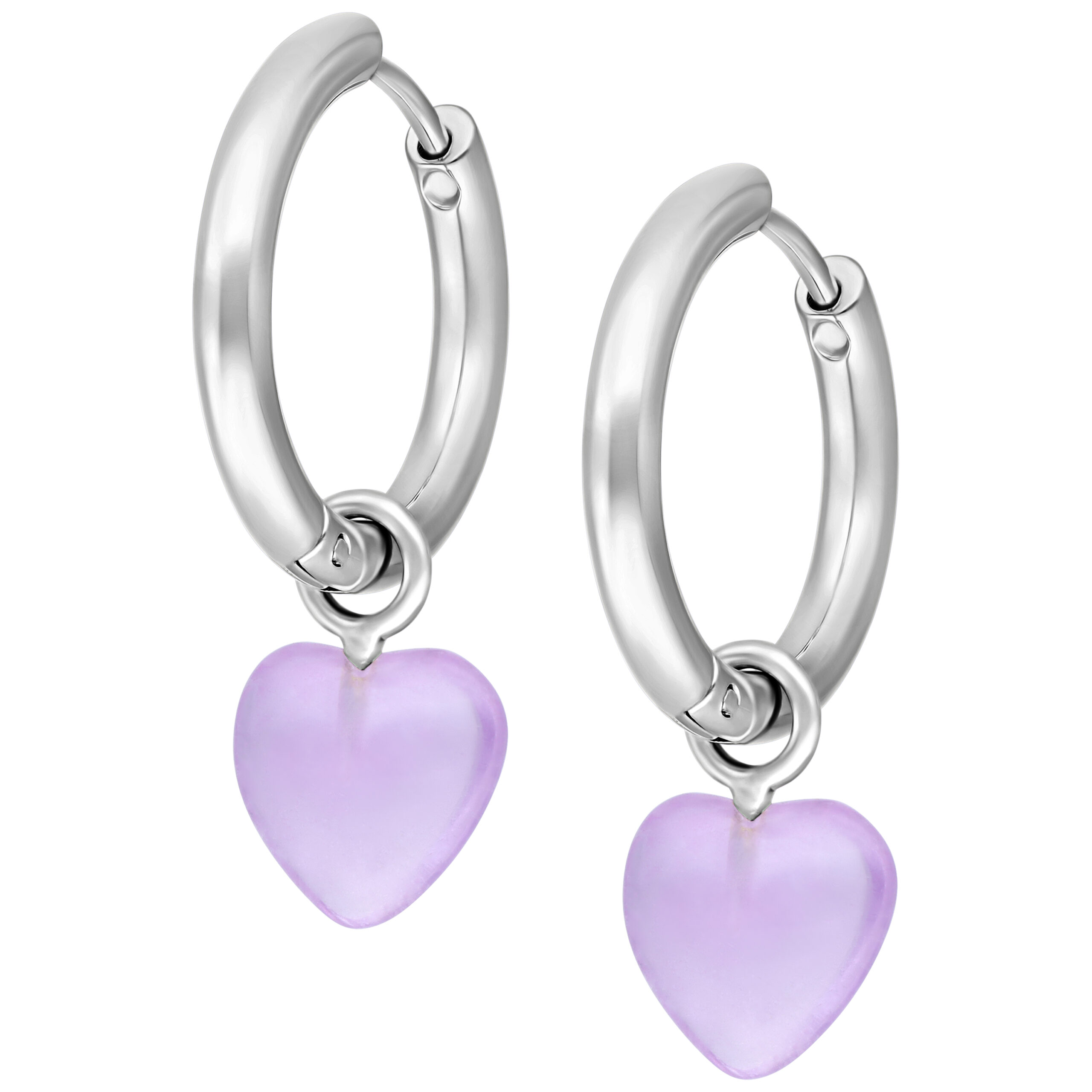 Little Heart Hoops Weiß Amethyst Ohrringe Silberne Creolen mit Amethyst-herzförmigem Anhänger auf weißem Hintergrund