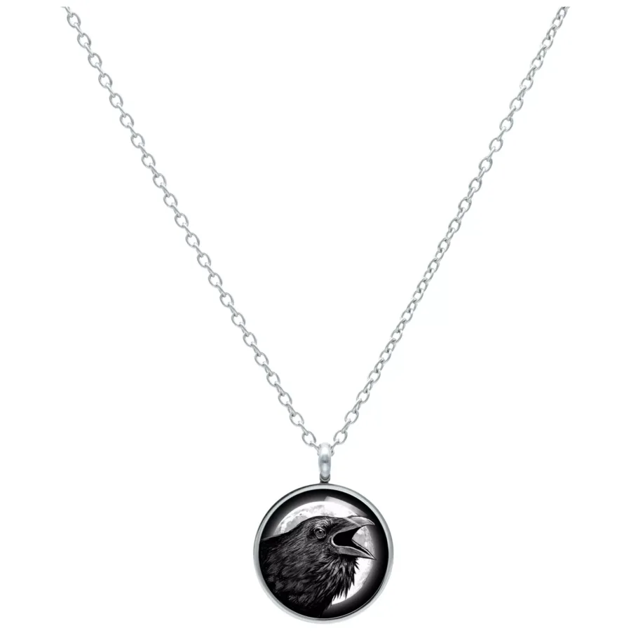 Silberne Kette mit rundem Anhänger und Rabenmotiv auf weißem Hintergrund