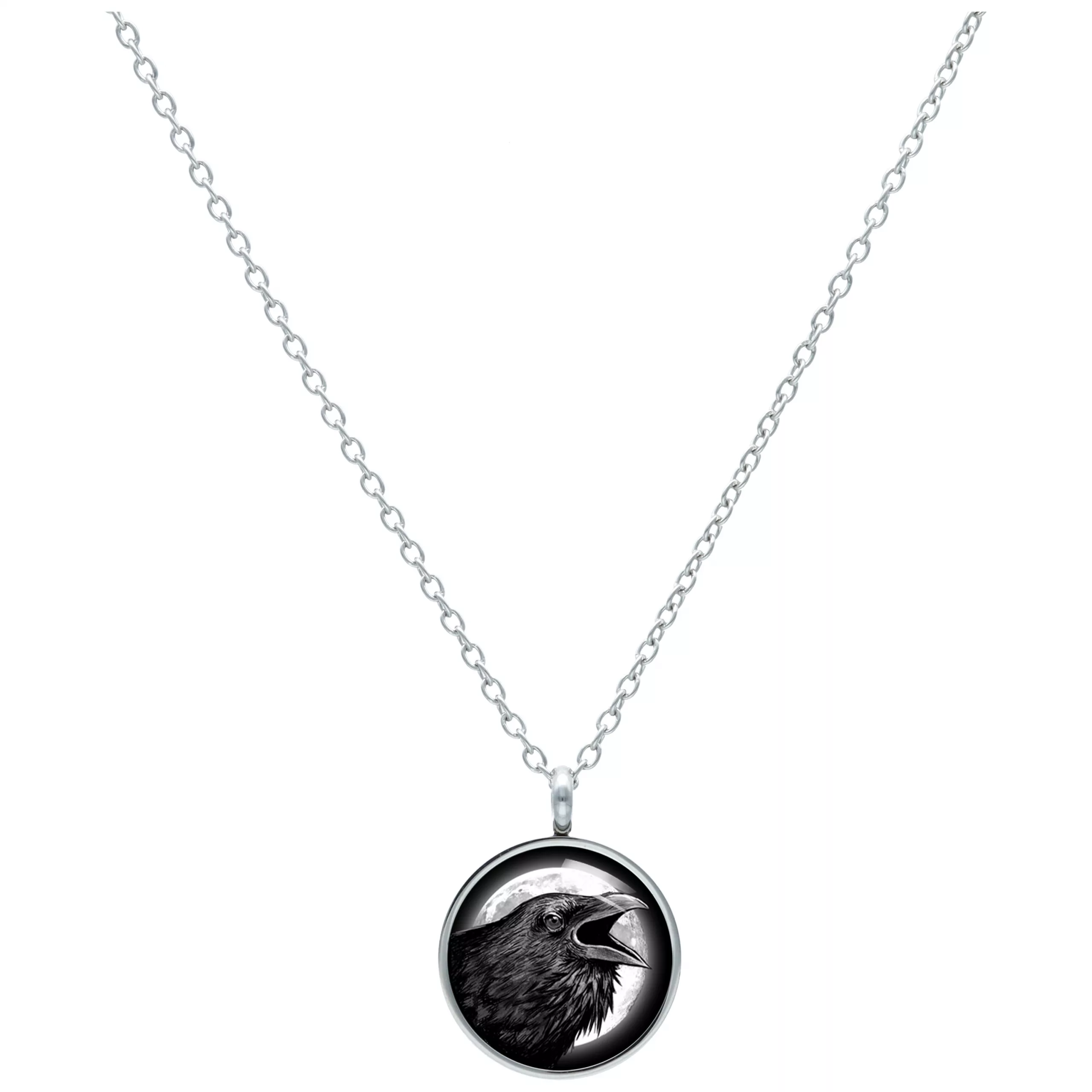 Raven Kette aus Chirurgenstahl 60 cm Silberne Kette mit rundem Anhänger und Rabenmotiv auf weißem Hintergrund