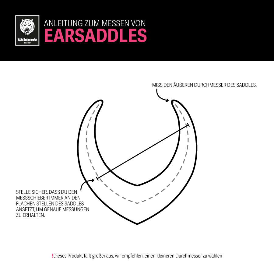 Messanleitung für Double Arrow Earsaddles Grafische Messanleitung für Earsaddles mit schwarzem Pfeildiagramm auf weißem Hintergrund