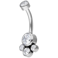 Silbernes Bauchnabelpiercing mit Kristallen, 12 mm Silbernes Bananabell-Piercing aus Titan mit klaren Kristallen auf weißem Hintergrund