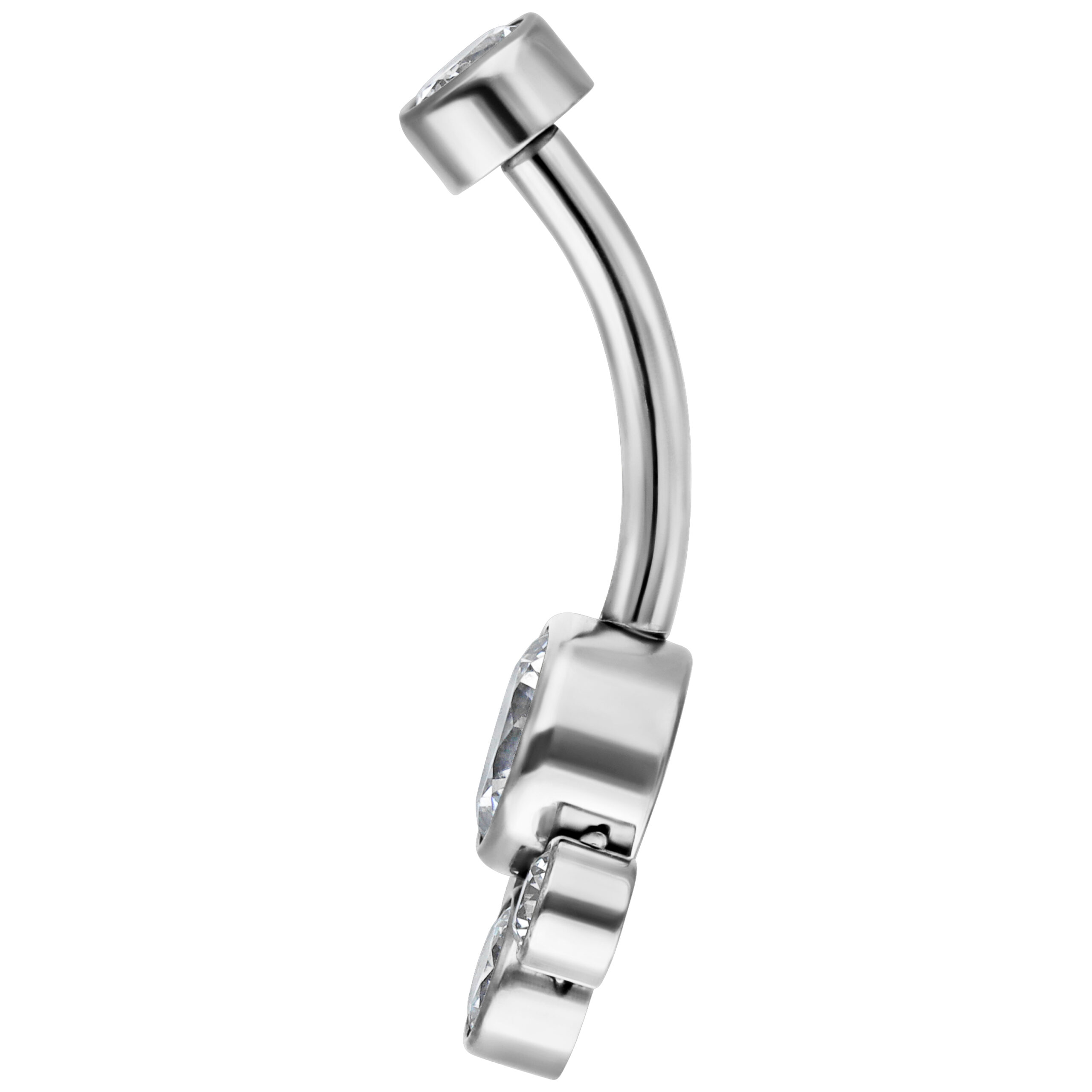 Silbernes Titan Bananabell mit Kristall, 12 mm Silbernes Bauchnabel Bananabell aus Titan mit klarem Kristall auf weißem Hintergrund