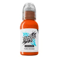 Orange Tattoofarbe Flasche, World Famous Ink, auf weißem Hintergrund