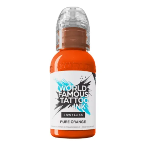 Orange Tattoofarbe Flasche, World Famous Ink, auf weißem Hintergrund