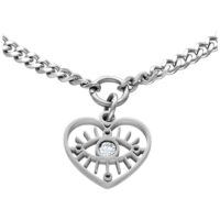 Filigranes Armband mit Herz- und Augenmotiv Silbernes Armband mit Herzanhänger und klarem Kristall auf weißem Hintergrund