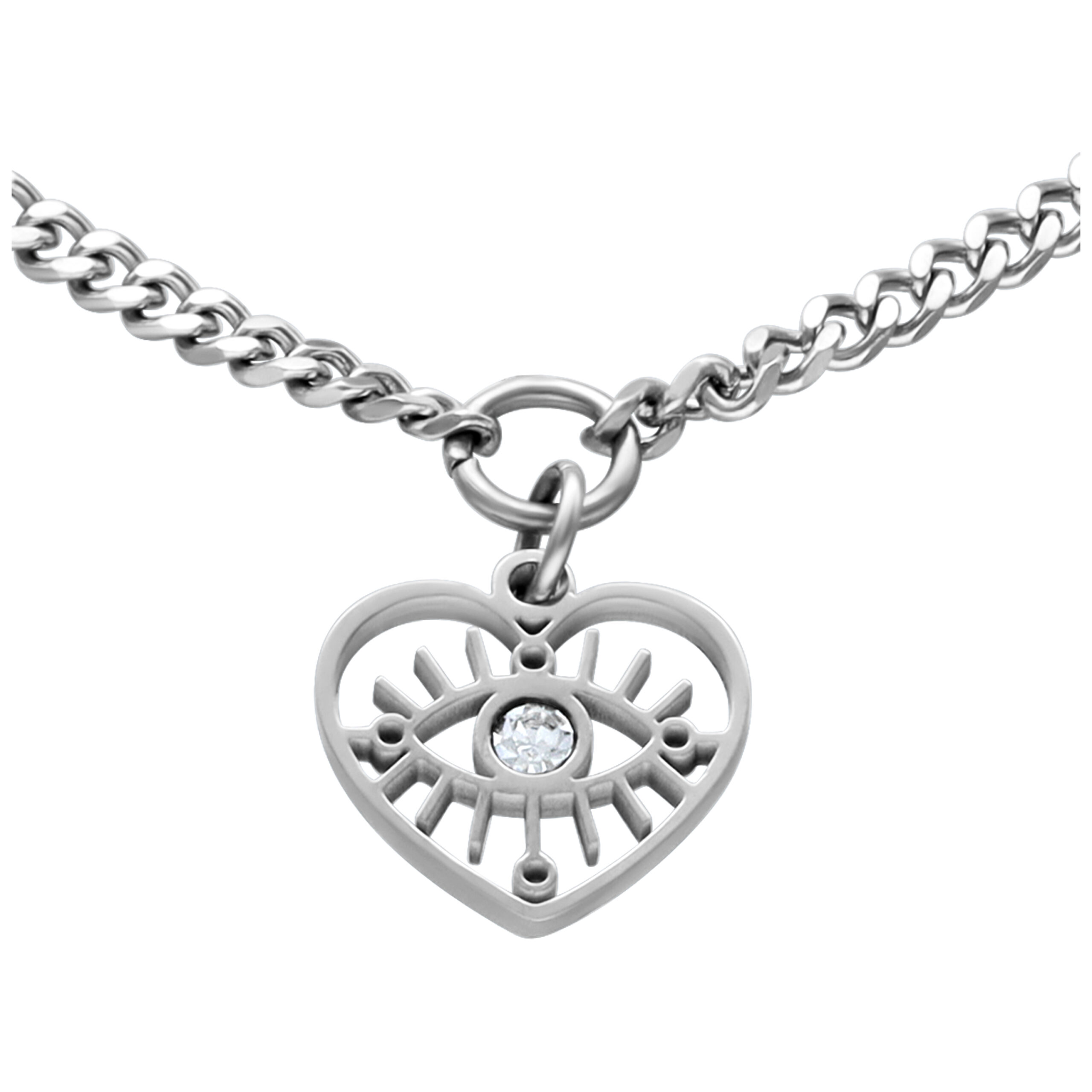 Filigranes Armband mit Herz- und Augenmotiv Silbernes Armband mit Herzanhänger und klarem Kristall auf weißem Hintergrund
