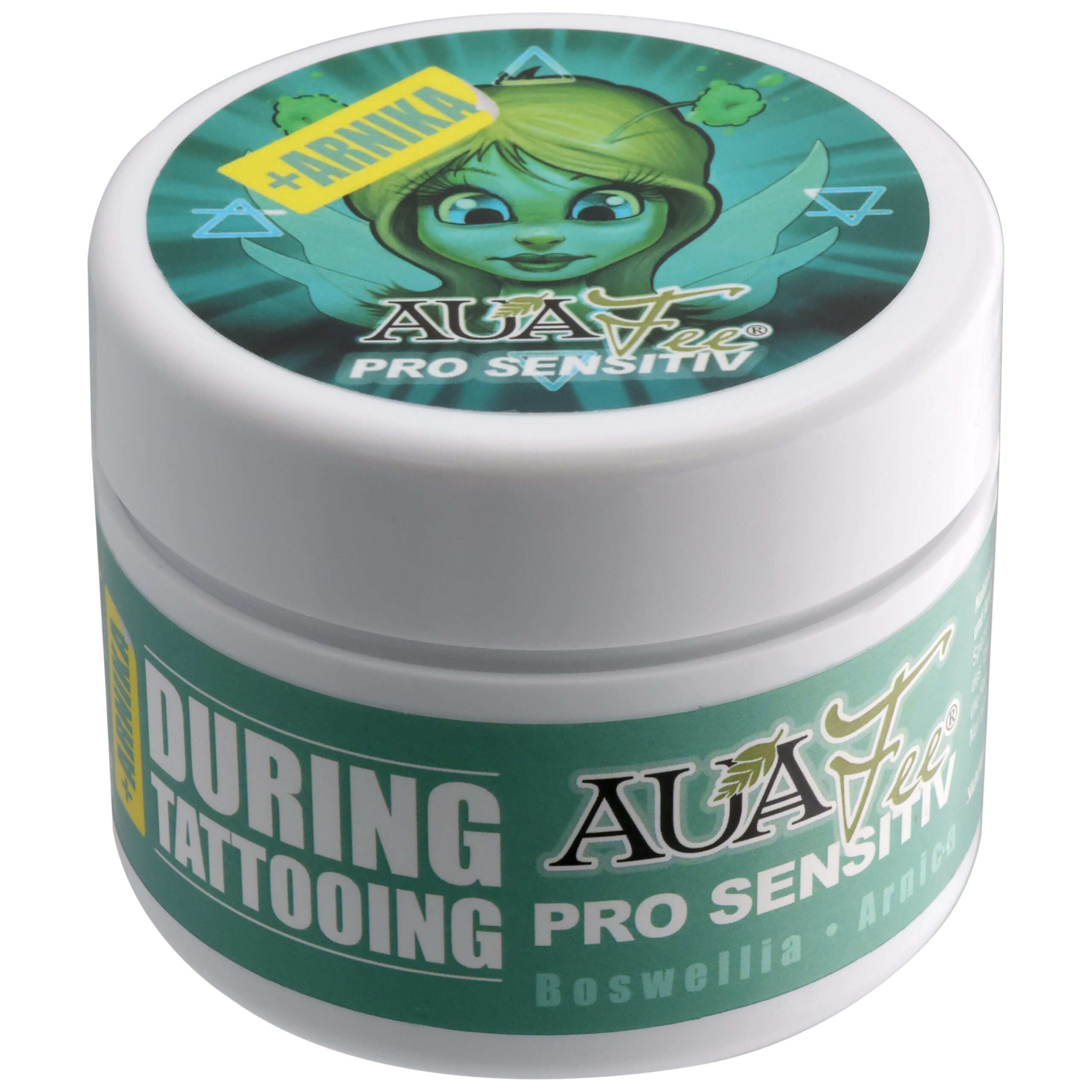 PRO Sensitiv mit Arnika Creme 125ml Dose Runde Dose mit grünem Deckel und Auafee-Design, enthält PRO Sensitiv mit Arnika 125ml