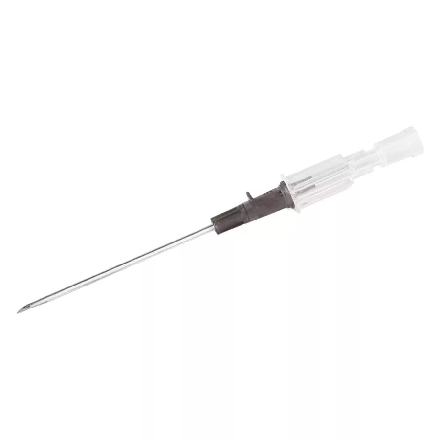 Medizinische Piercingnadel aus Chirurgenstahl Piercingnadel aus Chirurgenstahl mit transparentem Griff auf weißem Hintergrund