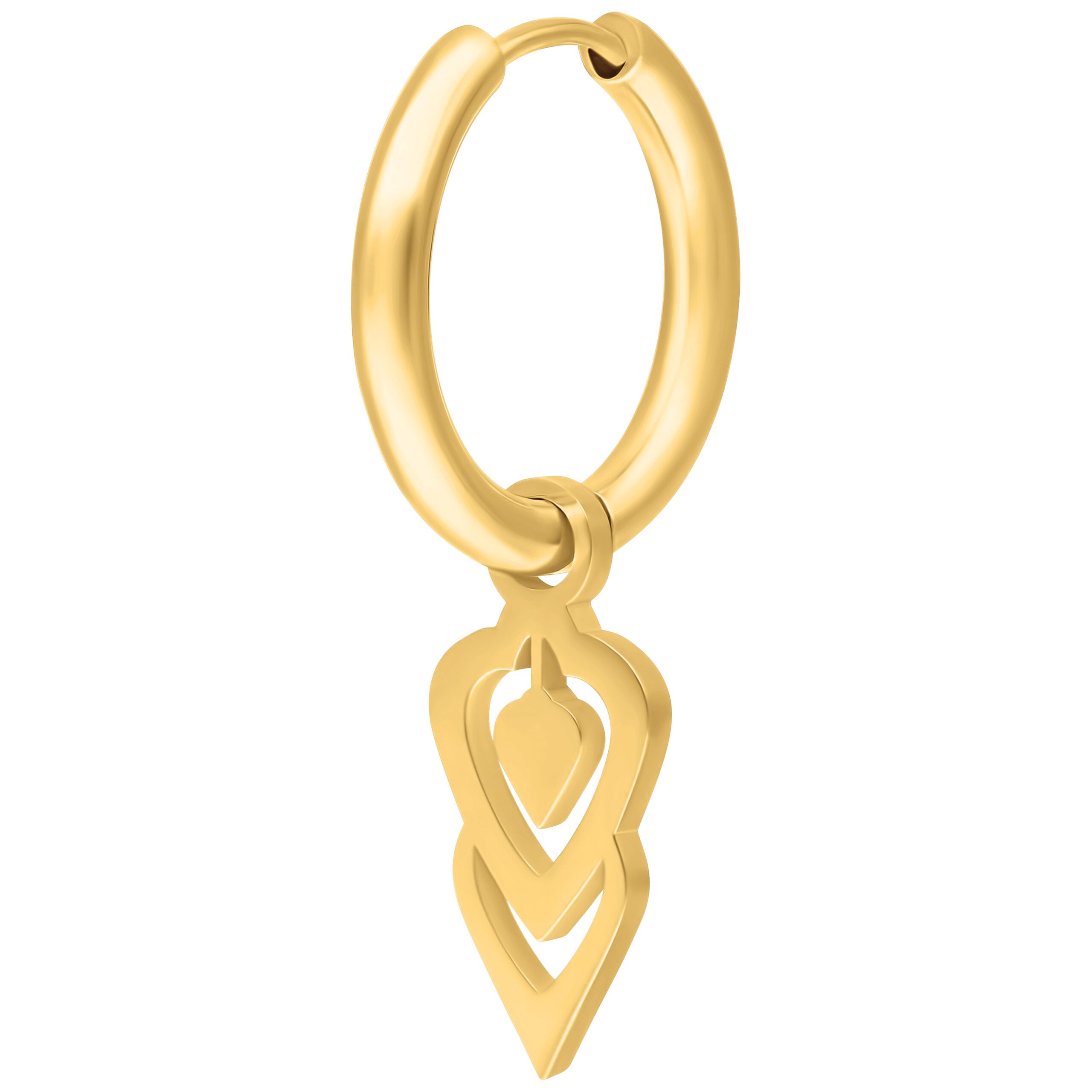 Goldene Little Balisuta Creolen aus Edelstahl Goldene Creole mit doppeltem Herzanhänger auf weißem Hintergrund