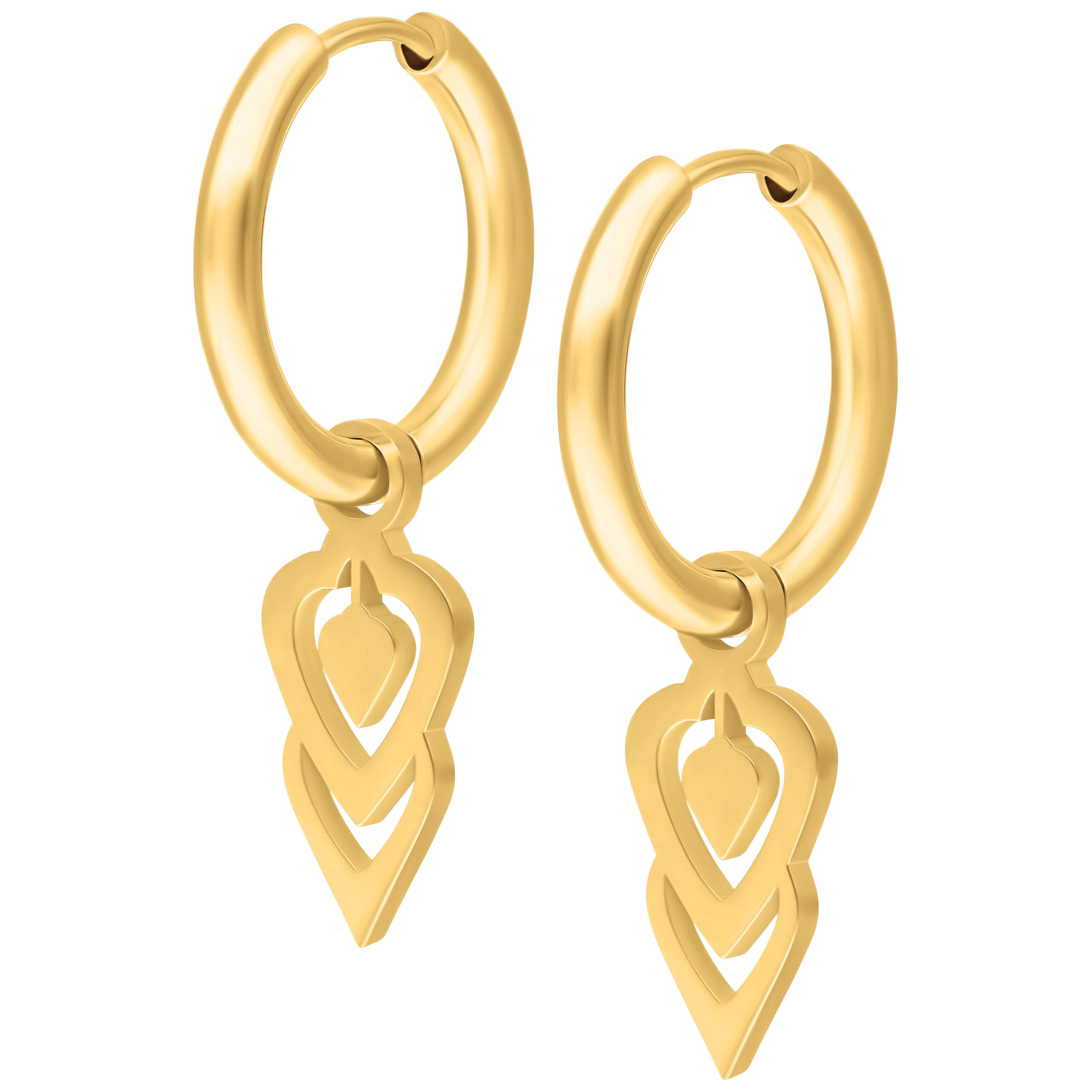 Goldene Little Balisuta Hoops Ohrringe Goldene Edelstahl-Hoops mit einzigartigem Anhänger auf weißem Hintergrund