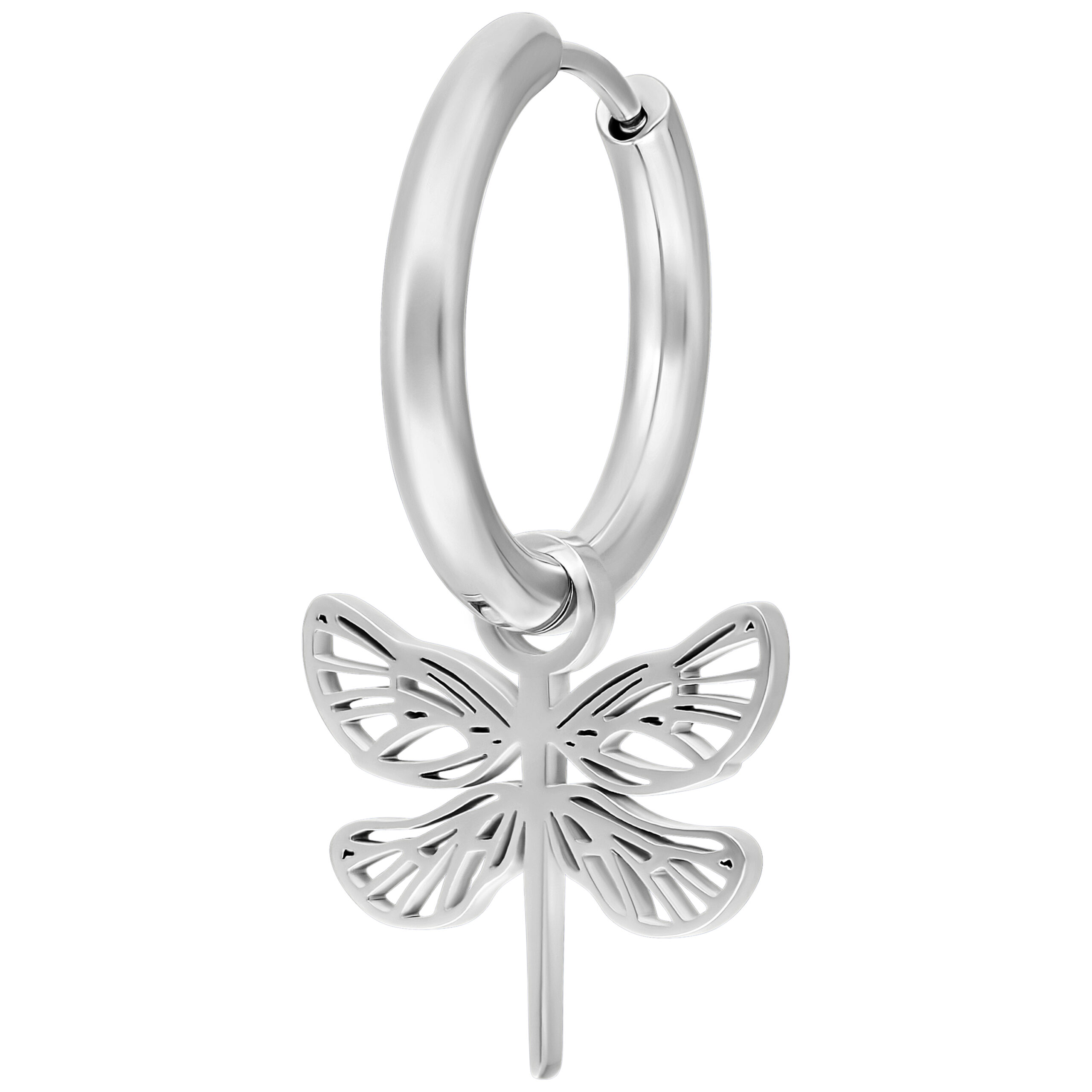 Silberne Little Flower Hoops Ohrringe Silberfarbener Ohrring mit Schmetterlingsanhänger auf weißem Hintergrund