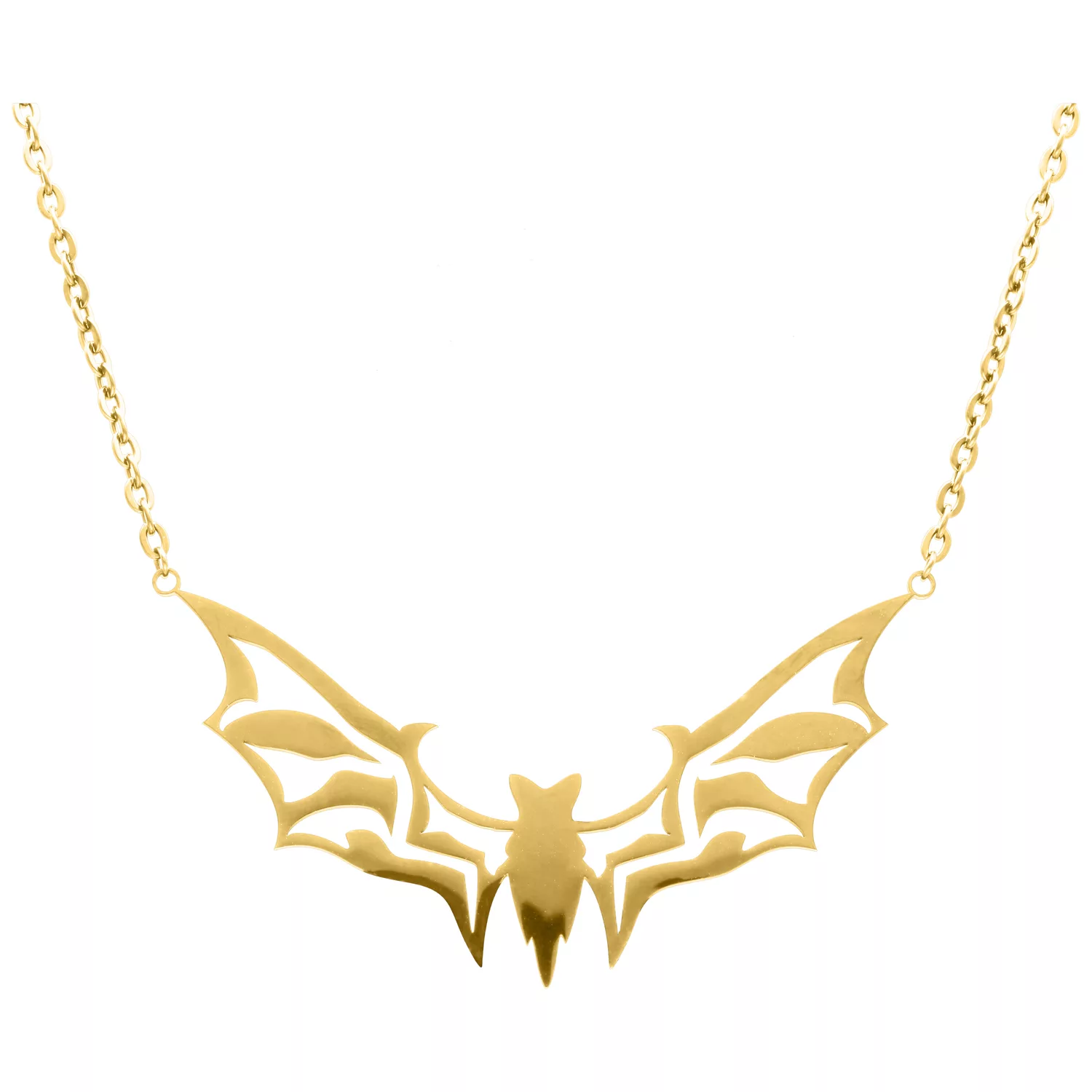 Big Bat Kette in Gold aus Chirurgenstahl Goldene Kette mit Fledermaus-Anhänger auf weißem Hintergrund