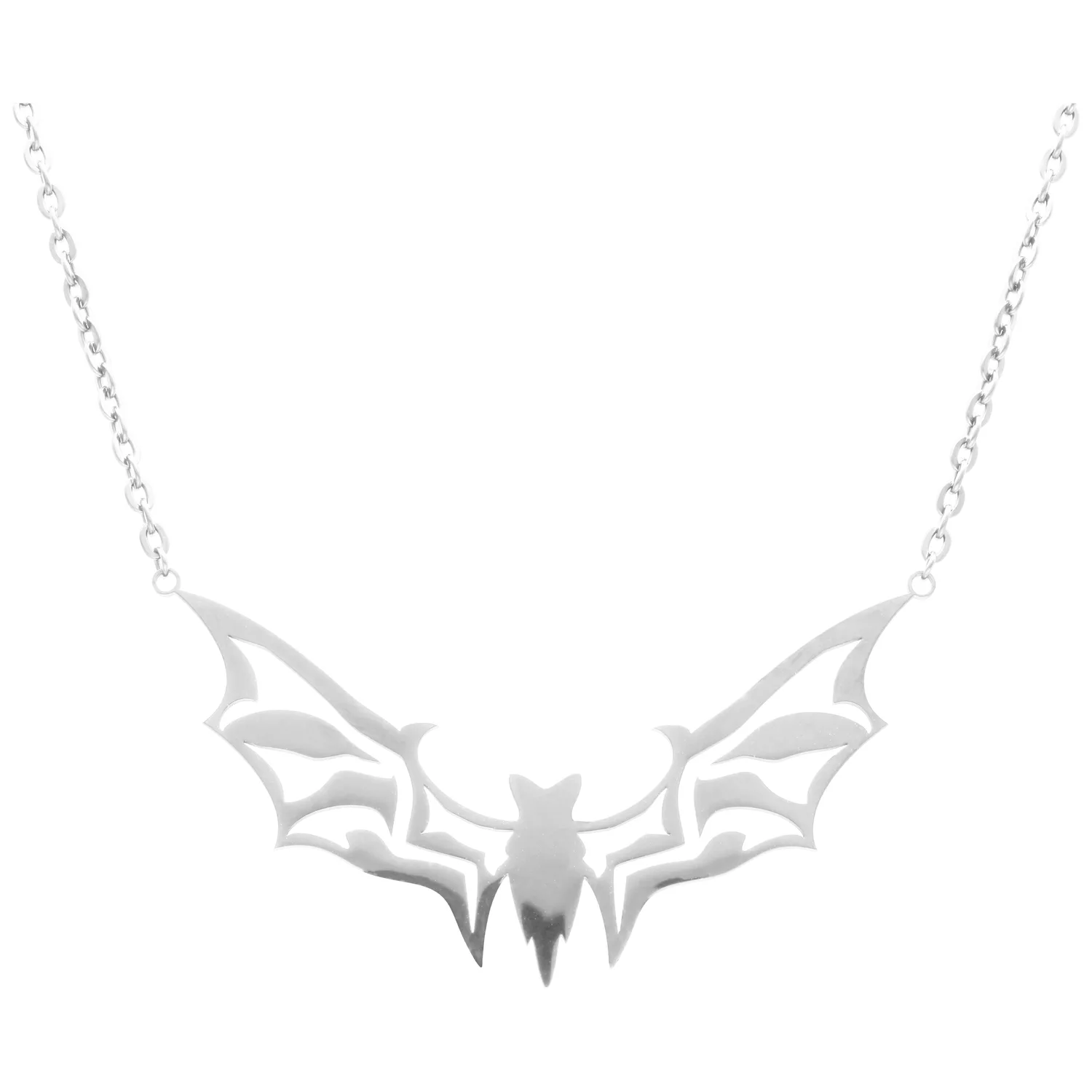 Silberne Big Bat Kette aus Chirurgenstahl Silberfarbene Kette mit Fledermaus-Anhänger aus Chirurgenstahl auf weißem Hintergrund