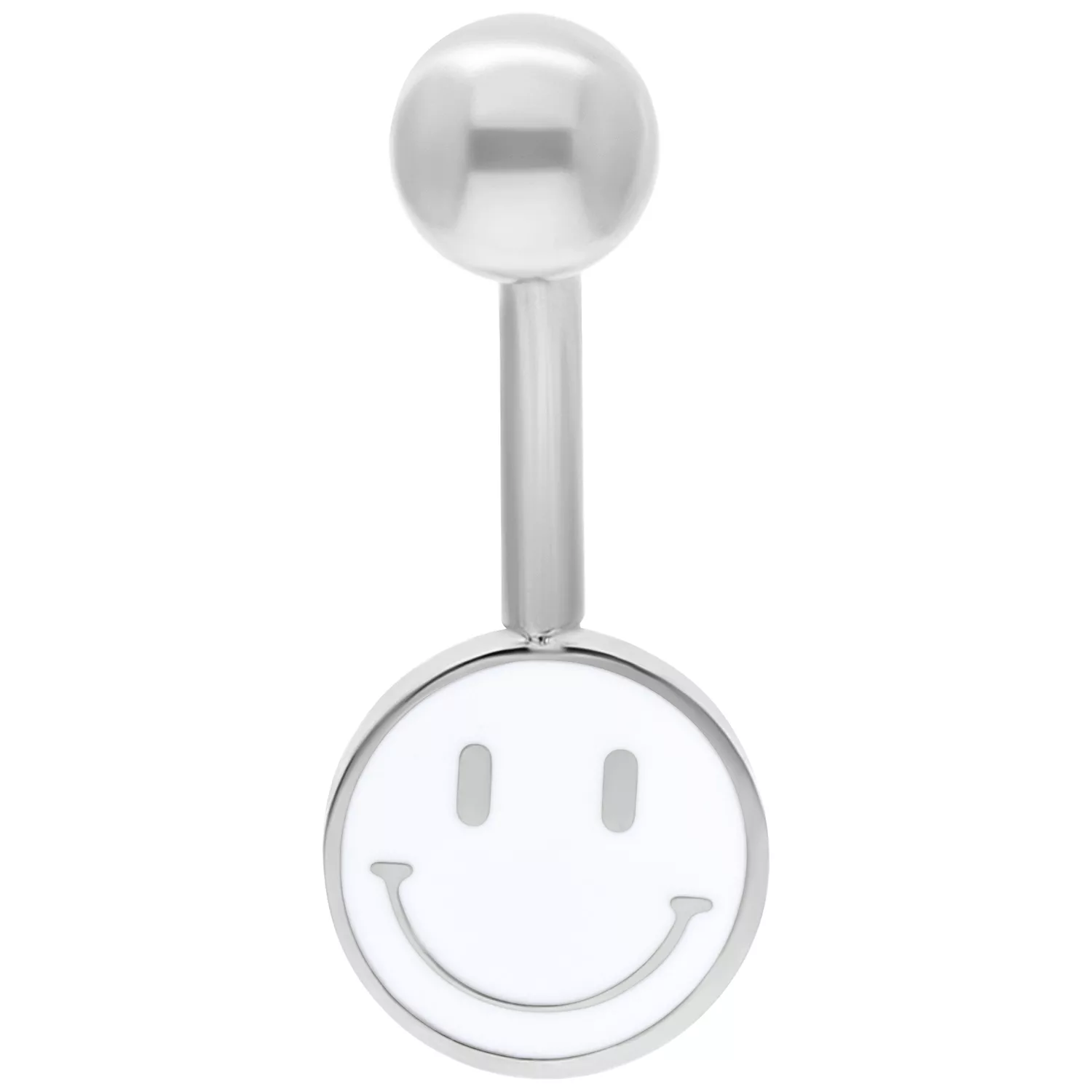 Silbernes Bauchnabelpiercing mit weißem Smiley-Anhänger auf weißem Hintergrund