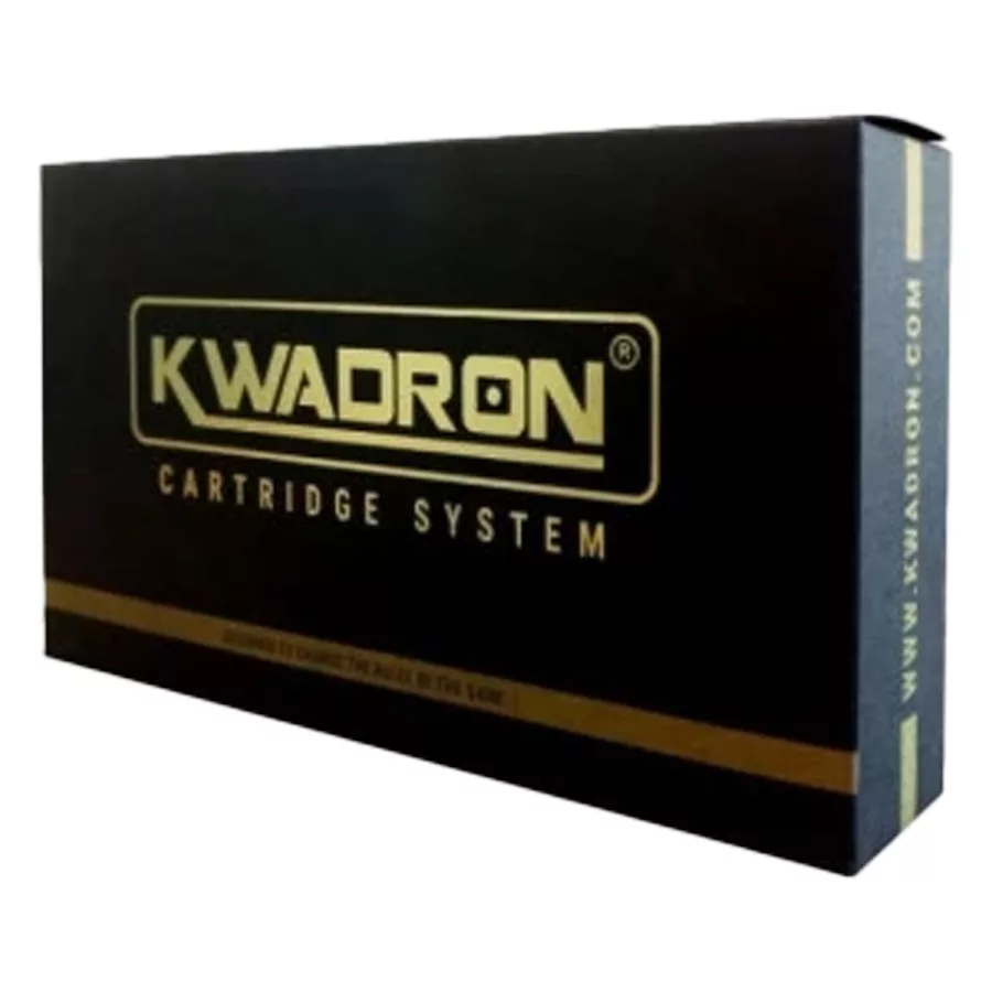 Kwadron Round Liner Long Taper Kartuschenbox Schwarze Kwadron Kartuschenbox mit goldener Aufschrift auf weißem Hintergrund