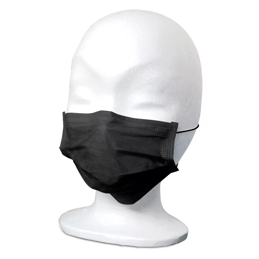 Schwarze Komfort-Gesichtsmaske auf weißem Hintergrund Schwarze Gesichtsmaske auf einem weißen Modellkopf in Studioaufnahme