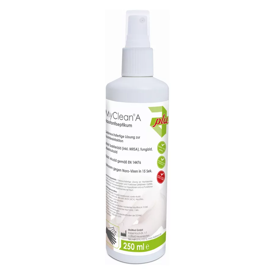 MyClean Hautantiseptikum 250 ml Sprühflasche Weiße Sprühflasche MyClean Hautantiseptikum 250 ml auf weißem Hintergrund