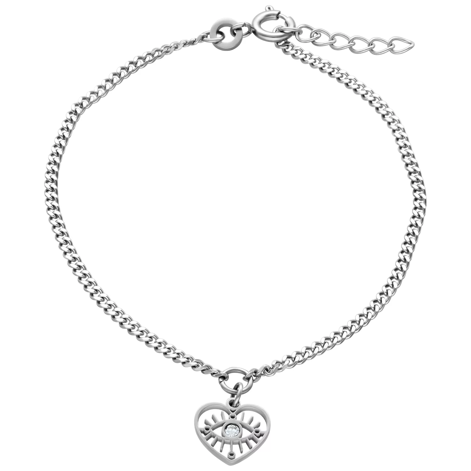 Silbernes Armband mit Herz und Kristall Feines silbernes Armband mit Herzanhänger und klarem Kristall, verstellbarer Verschluss