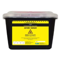 Schwarzer Abwurfbehälter 5 Liter mit gelbem Biohazard-Warnlabel auf weißem Hintergrund