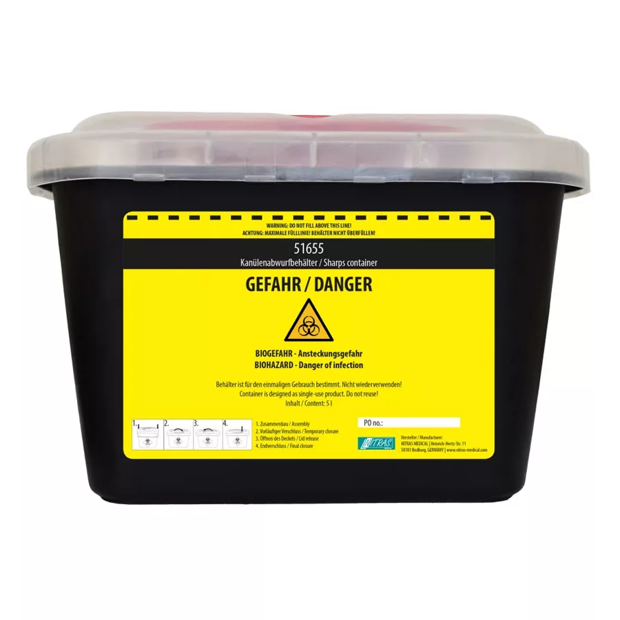 Schwarzer Abwurfbehälter 5 Liter mit gelbem Biohazard-Warnlabel auf weißem Hintergrund