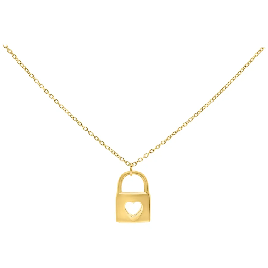Goldene Halskette aus Chirurgenstahl mit Schloss und Herzdesign auf weißem Hintergrund