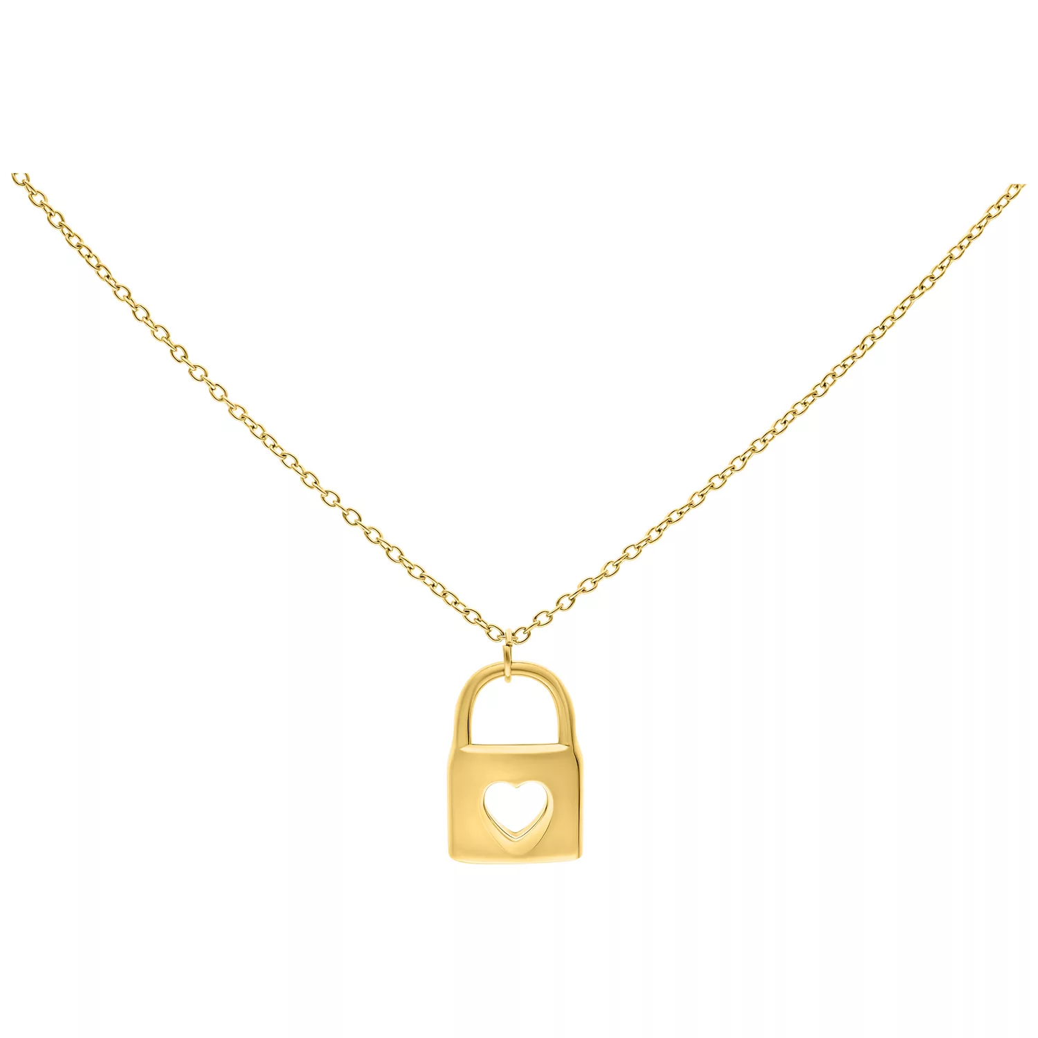 Goldene Kette mit Schloss-Anhänger Goldene Halskette aus Chirurgenstahl mit Schloss und Herzdesign auf weißem Hintergrund