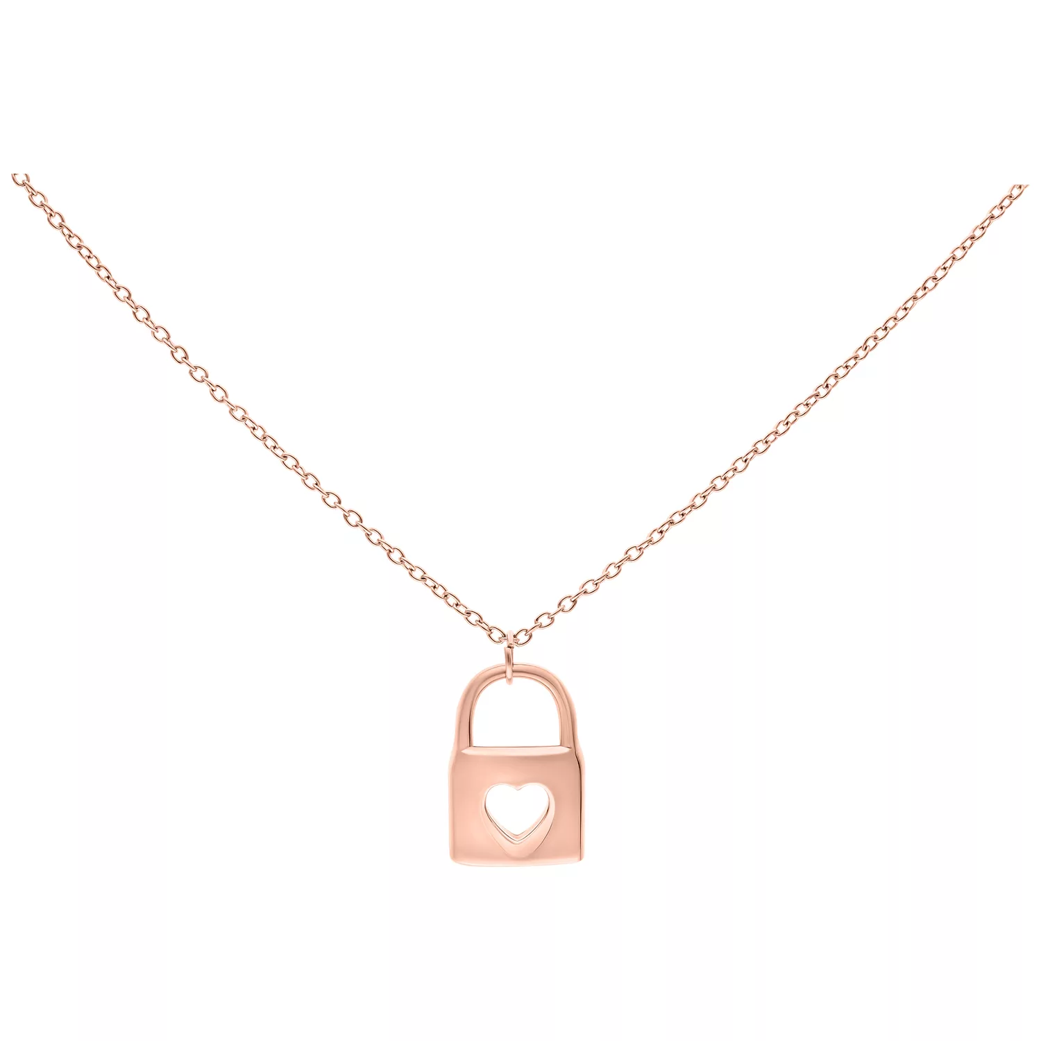 Little Lock Kette in Roségold, 50 cm Roségoldene Kette mit herzförmigem Schlossanhänger auf weißem Hintergrund