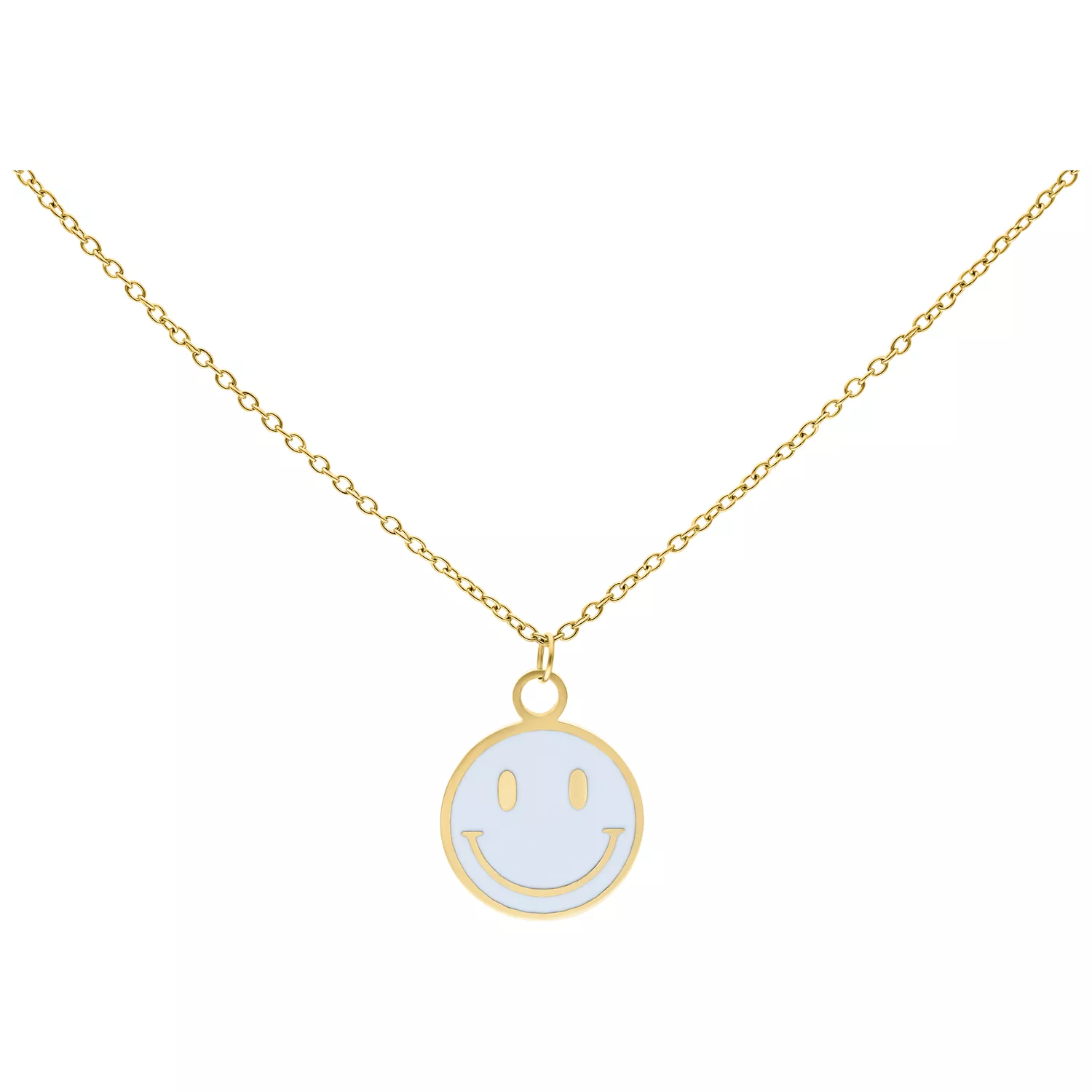 Goldene Smiley Kette - Little White Variante Goldene Kette mit weißem Smiley-Anhänger auf weißem Hintergrund