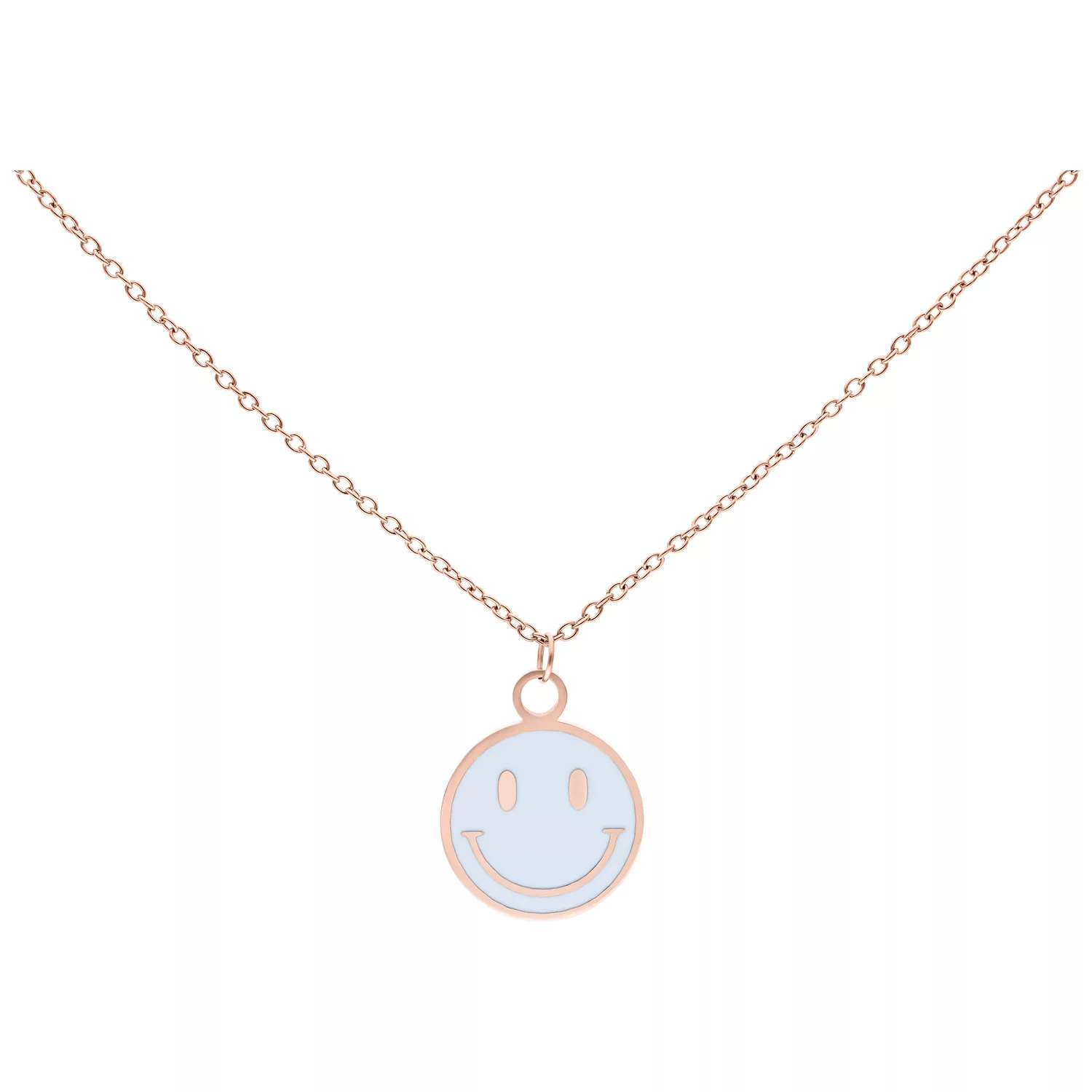 Roségoldene Little White Smiley Kette Roségoldene Kette mit lächelndem Smiley-Anhänger auf weißem Hintergrund