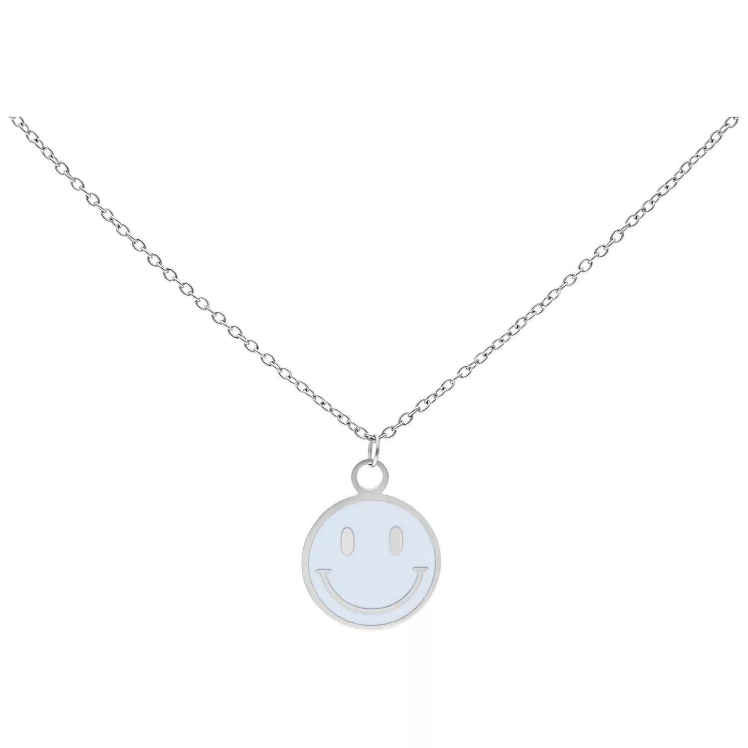 Silberne Smiley Kette aus Chirurgenstahl Silberne Kette mit Smiley-Anhänger auf weißem Hintergrund